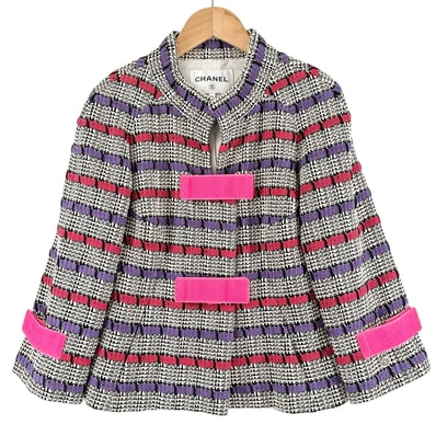 美品 CHANEL シャネル P56268V42479 ボーダー 秋冬 AW ノーカラージャケット コットン マルチカラー レディース 34 2017SS 【古着】【中古】