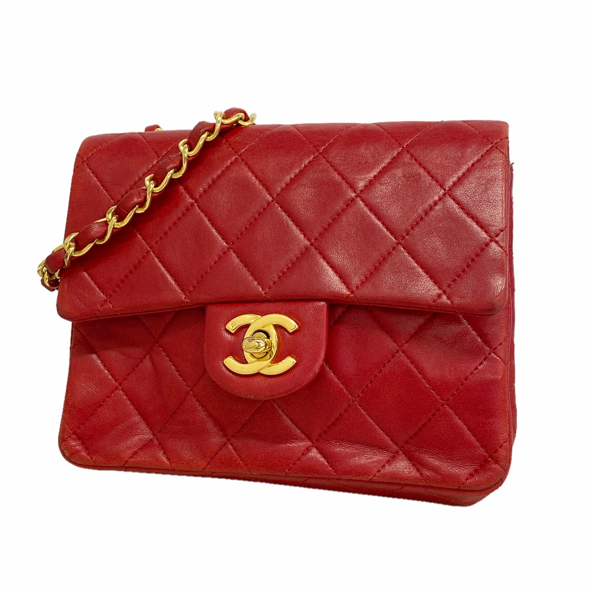 【6ia0986】シャネル ショルダーバッグ ミニマトラッセ チェーンショルダー ラムスキン レッド ゴールド金具【中古】レディース