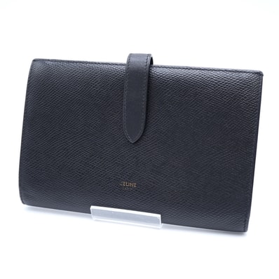 CELINE(セリーヌ)ラージ ストラップウォレット 長財布 グレインドカーフスキン ブラック ゴールド金具 レディース【中古】