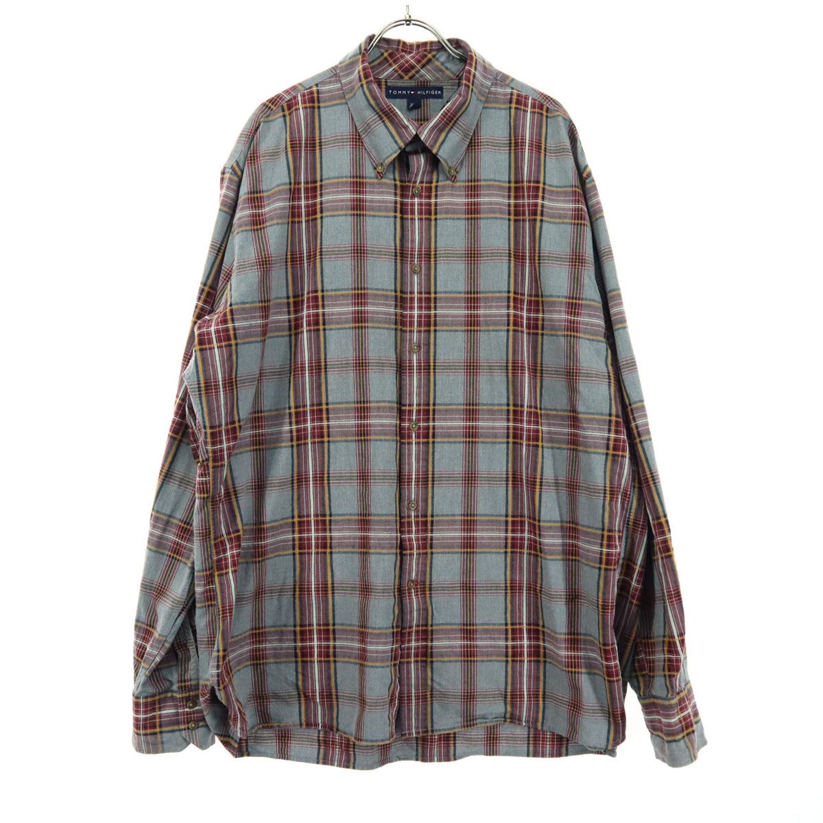 美品 TOMMY HILFIGER トミーヒルフィガー チェック柄 長袖 シャツ XL グレー×レッド×イエロー