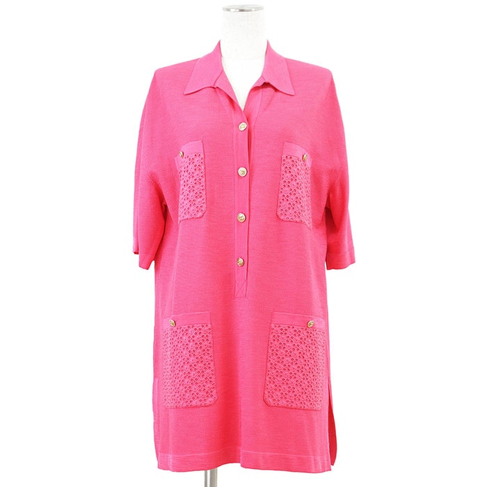 【極美品】CHANEL シャネル ニットワンピース P70430 2021SS COCOマーク ロゴ ボタン ビスコース/ポリアミド プルオーバー カットワーク フローラル 花柄 刺繍 オープンカラー 半袖 ドレス レディース 38 ピンク 桃色 伊製