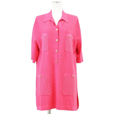 【極美品】CHANEL シャネル ニットワンピース P70430 2021SS COCOマーク ロゴ ボタン ビスコース/ポリアミド プルオーバー カットワーク フローラル 花柄 刺繍 オープンカラー 半袖 ドレス レディース 38 ピンク 桃色 伊製