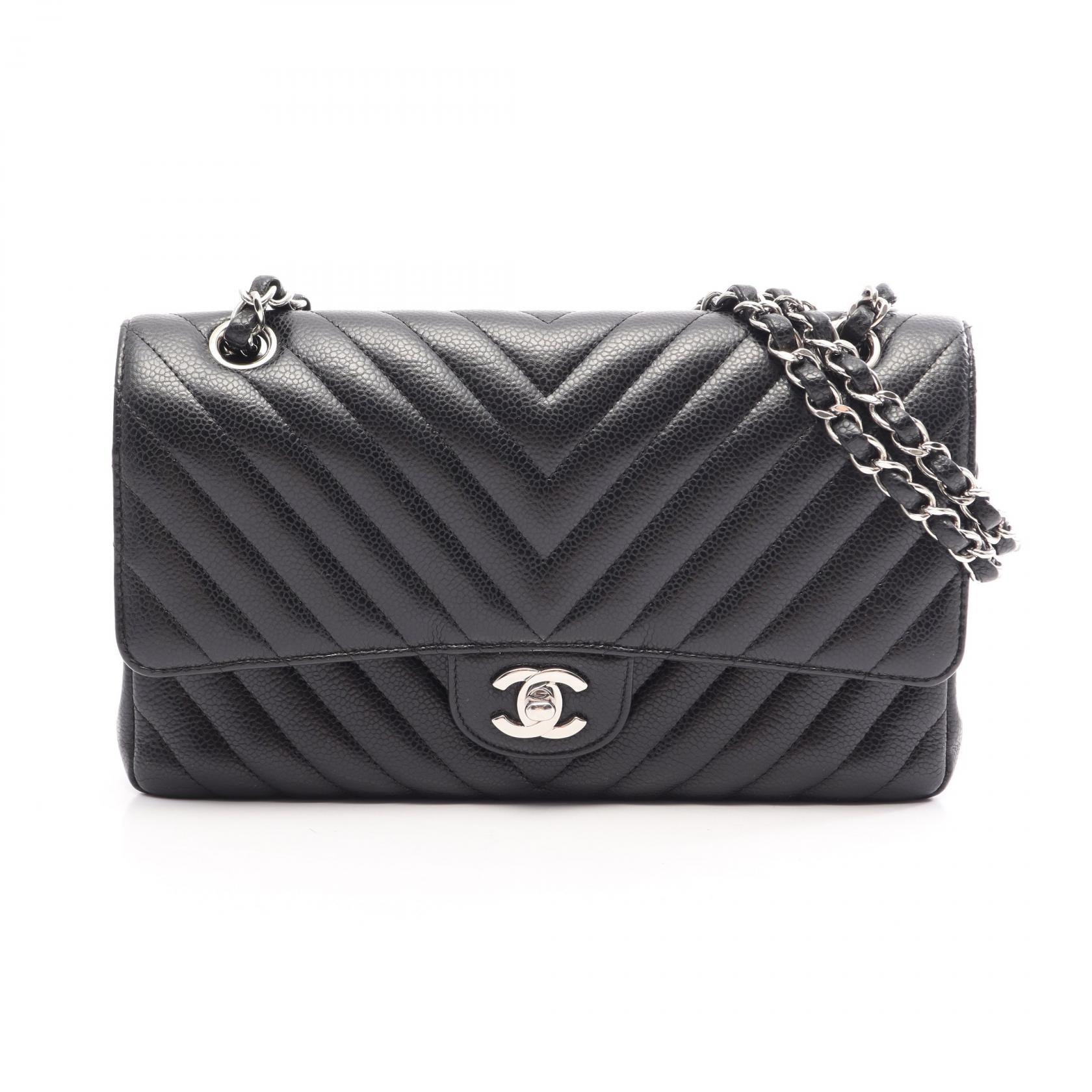 シャネル CHANEL シェブロン Vステッチ Wフラップ ショルダーバッグ バッグ キャビアスキン(グレインドカーフ) レディース ブラック系 A01166 【中古】