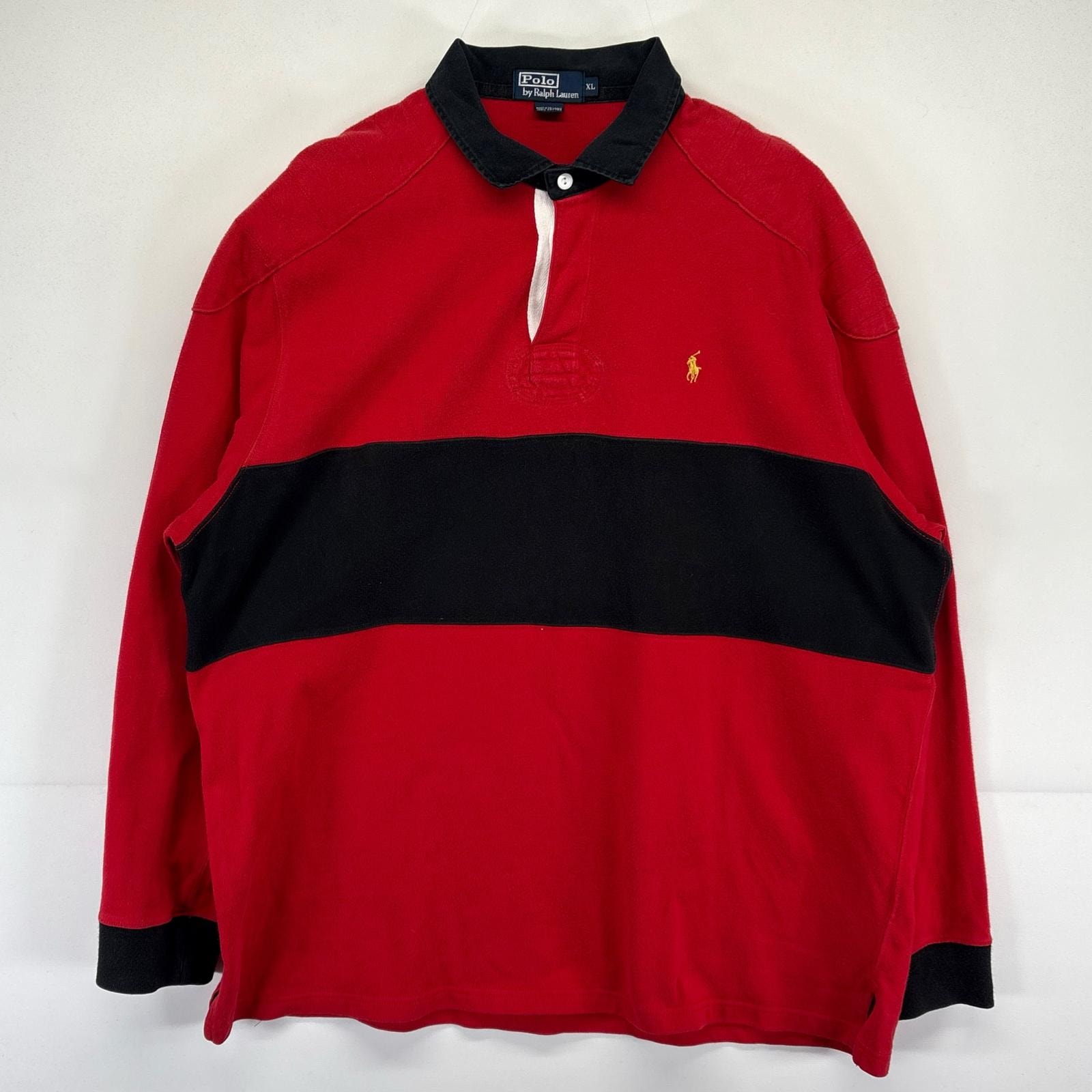 古着 ポロバイラルフローレン Polo by Ralph Lauren ポロシャツ スウェット生地 ラガーシャツ 大きいサイズ ワンポイントロゴ刺繍 XL  レッド メンズ