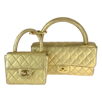 美品 CHANEL シャネル ヴィンテージ マトラッセ 親子バッグ ココマーク ターンロック カラビナ ゴールド ラムスキン ハンドバッグ バニティバッグ 504504 【中古】
