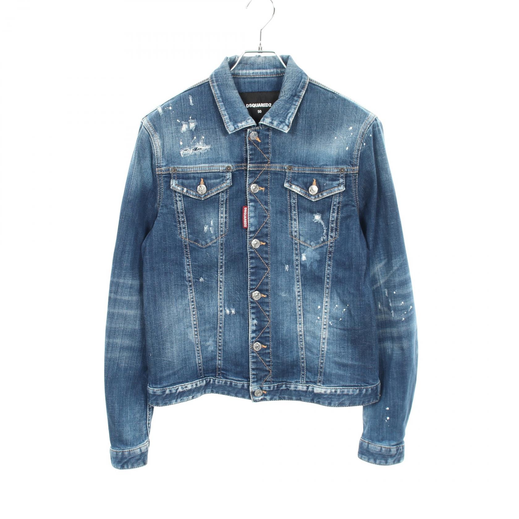 ディースクエアード DSQUARED2 ダメージ加工 ペイント加工 デニムジャケット 衣料品 アウター コットン メンズ ネイビー系 【中古】