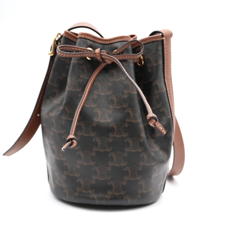 CELINE(セリーヌ)スモール ドローストリングバッグ トリオンフキャンバス ショルダーバッグ 巾着 ブラウン レザー ゴールド金具 レディース【中古】