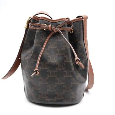 CELINE(セリーヌ)スモール ドローストリングバッグ トリオンフキャンバス ショルダーバッグ 巾着 ブラウン レザー ゴールド金具 レディース【中古】