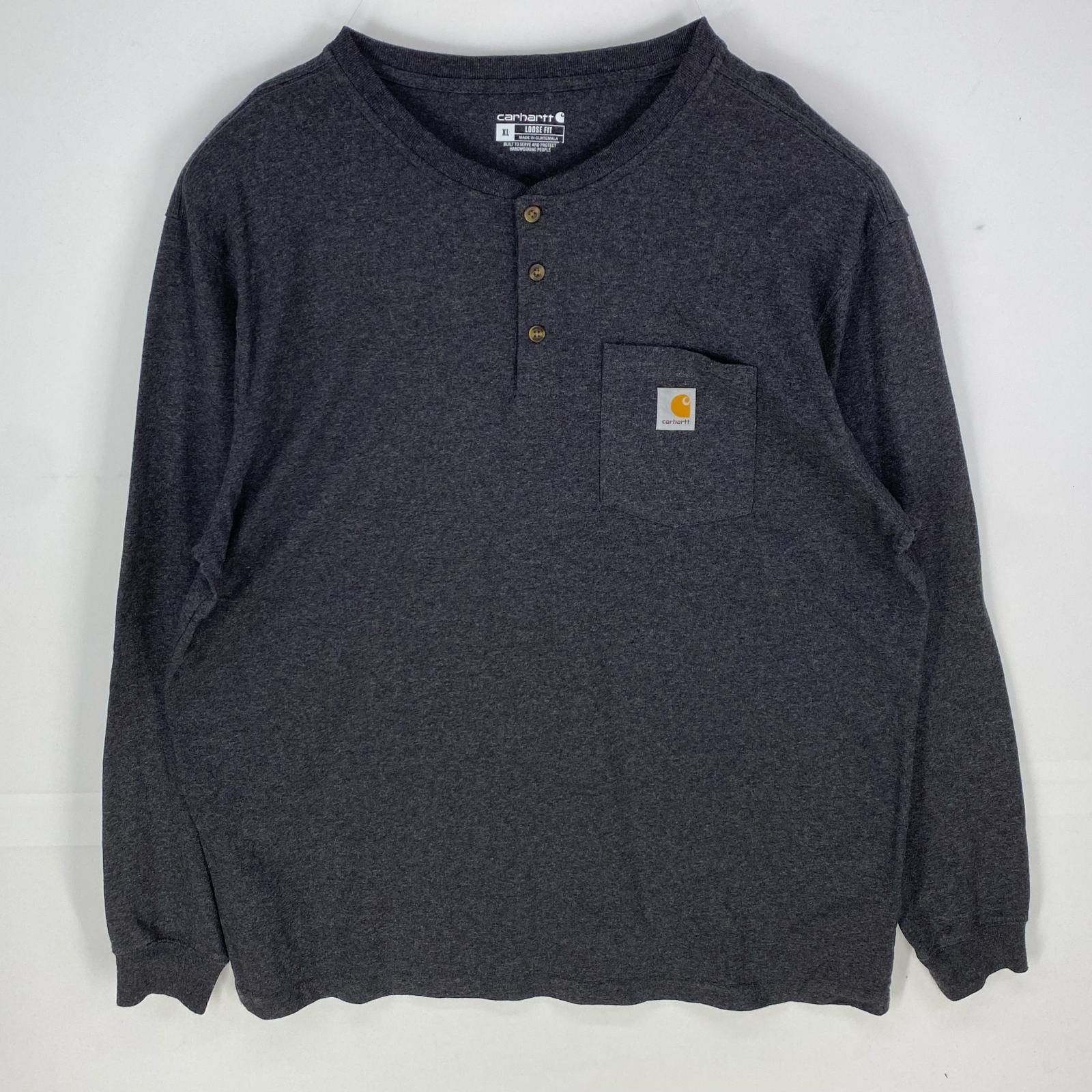 古着 カーハート Carhartt 長袖Tシャツ ヘンリーネック 胸ポケット ロゴ 大きいサイズ ワンポイント ロンT XL  グレー系 メンズ