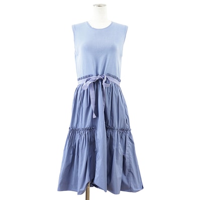 【SALE】MONCLER モンクレール ワンピース ノースリーブ サイズ S レディース ABITO クルーネック フリル ベルテッド コットンニット x ポリエステル コンビネーション ギャザー ドレス サックスブルー 青 トルコ製
