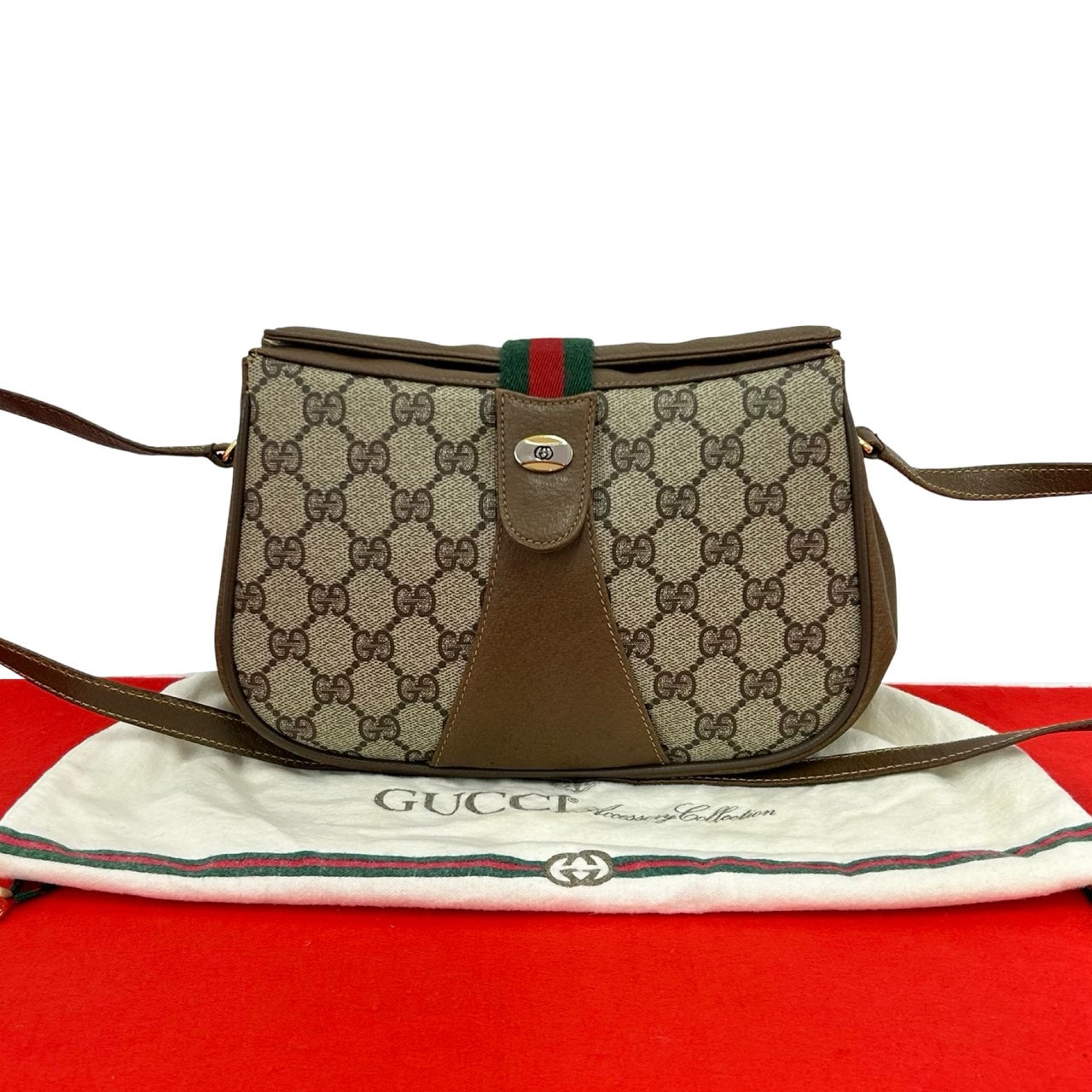 GUCCI グッチ シェリーライン GG ロゴ 金具 レザー PVC ショルダーバッグ ブラウン
 98240