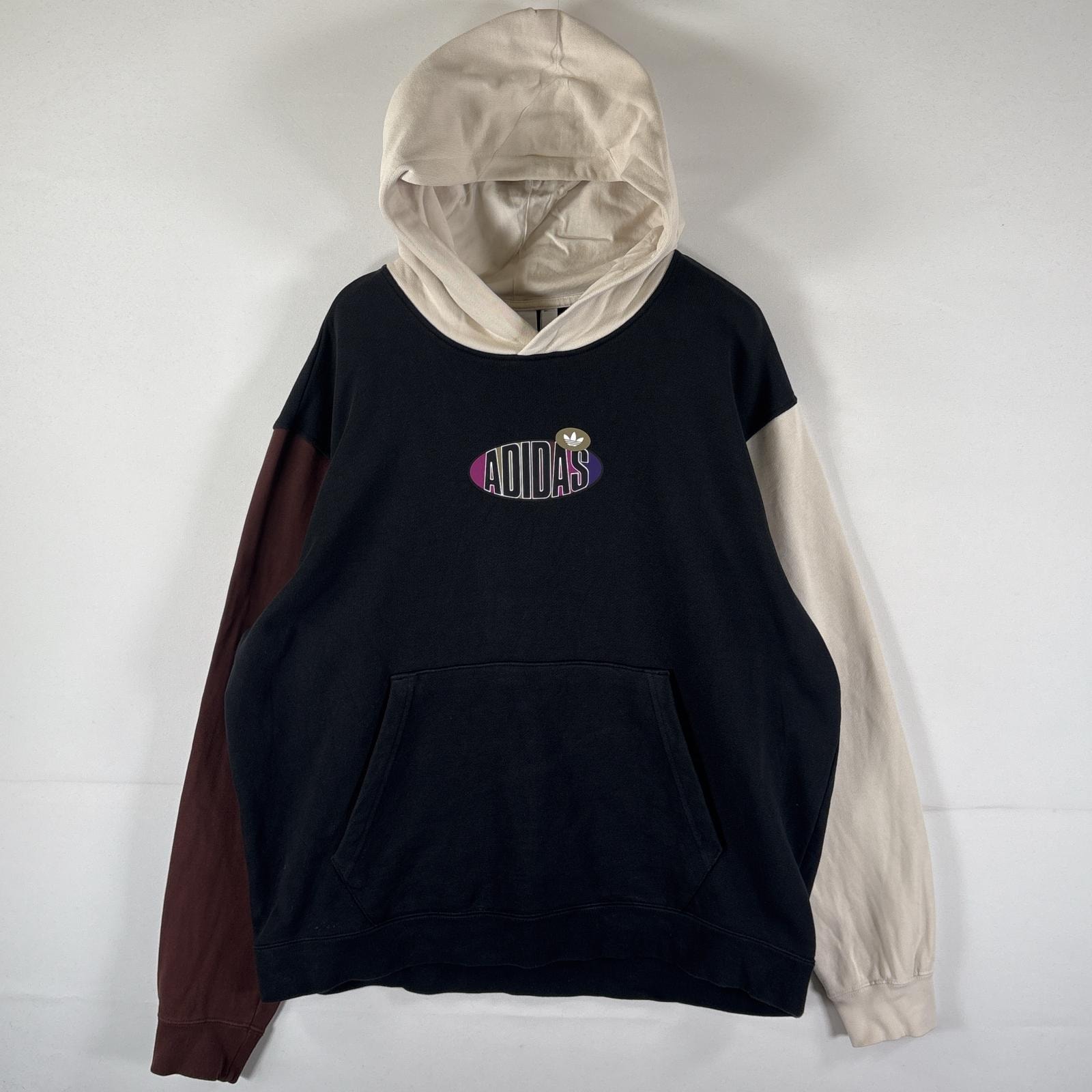 古着 アディダス adidas パーカー スウェット プルオーバー 袖ロゴ トレフォイルロゴ 大きいサイズ パターンカラー 4XO ブラック メンズ