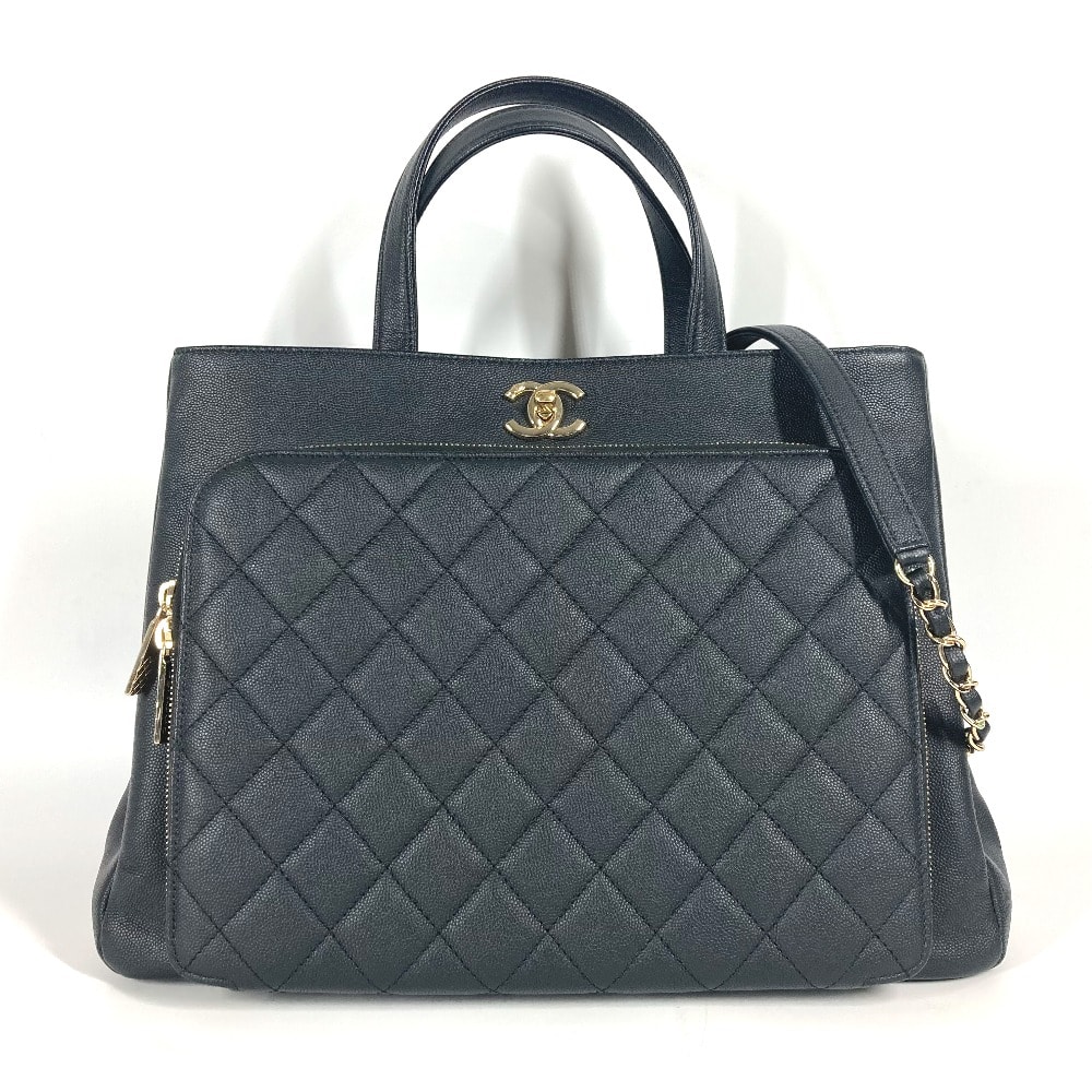 シャネル CHANEL アフィニティ マトラッセ キルティング A93795 CC ココマーク 2WAYバッグ トートバッグ 斜め掛け チェーン ショルダーバッグ キャビアスキン ブラック 美品