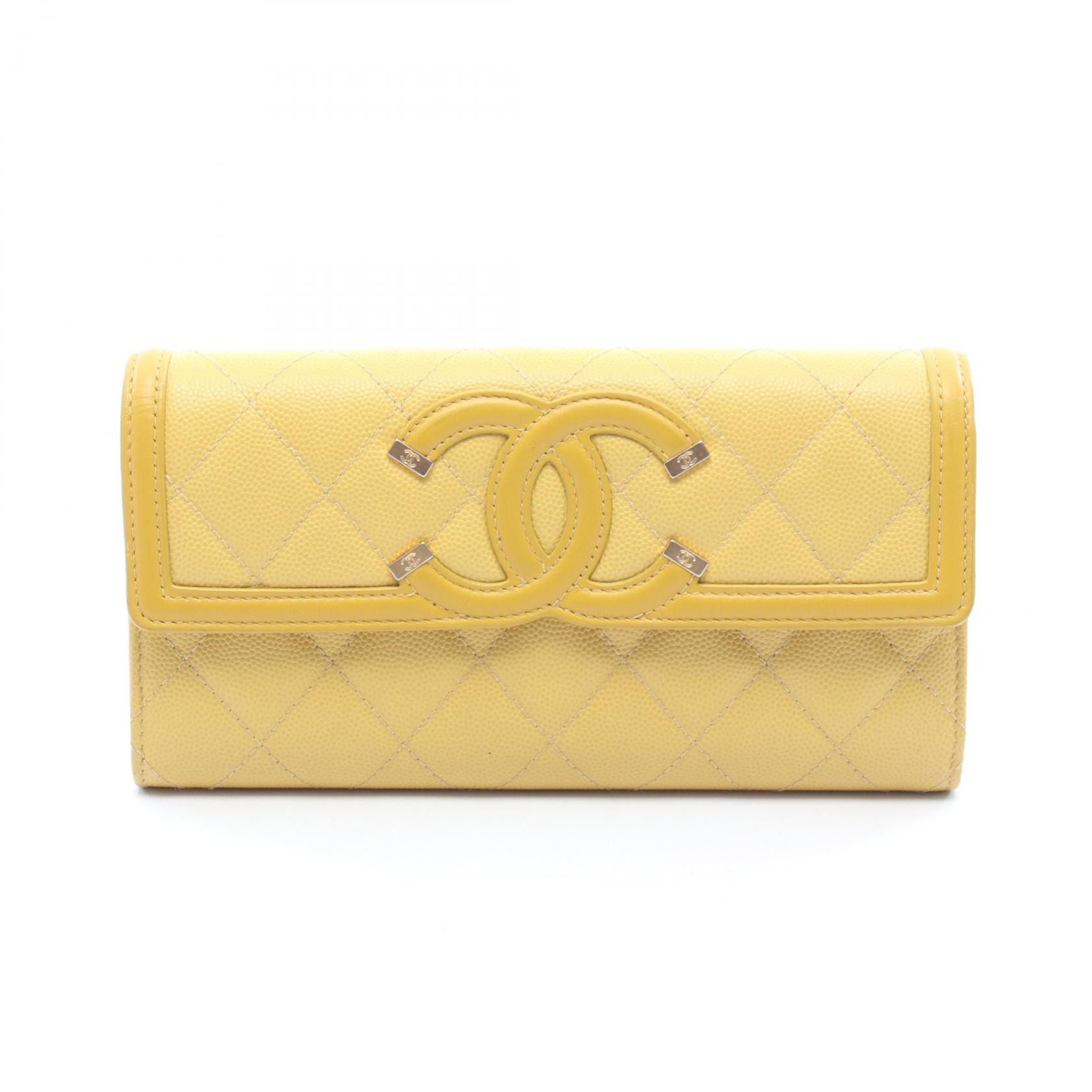 샤넬 CHANEL CC 필리그리 바이폴드 지갑 캐비어 스킨 (그레인드 카프) 가죽 여성용 옐로우 A84448 [중고]