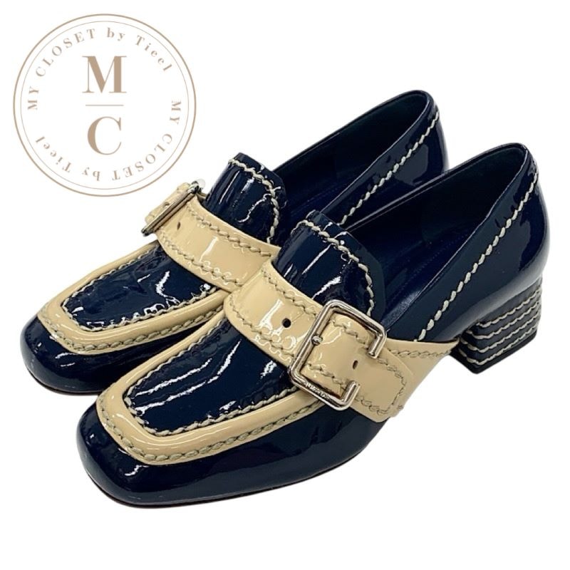 プラダ PRADA ローファー 革靴 靴 シューズ パテント ネイビー ベージュ パンプス ベルト ステッチ