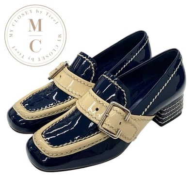 プラダ PRADA ローファー 革靴 靴 シューズ パテント ネイビー ベージュ パンプス ベルト ステッチ