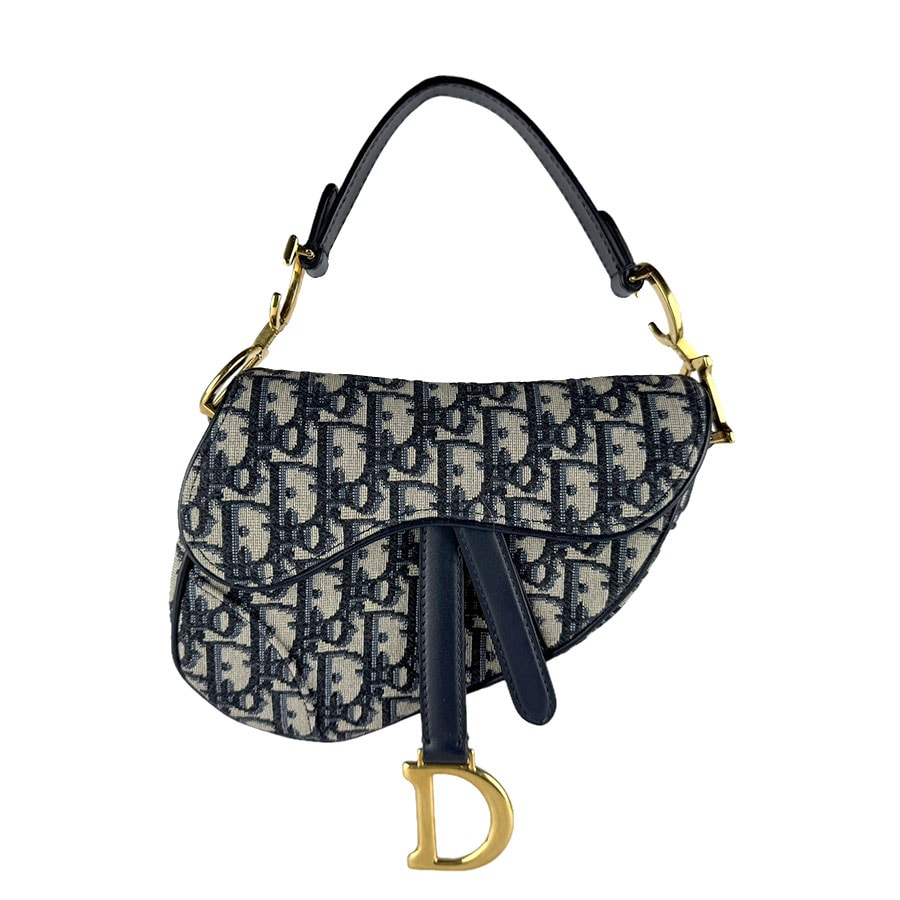 クリスチャンディオール Christian Dior ハンドバッグ ショルダーバッグ サドル ミニ キャンバス ネイビー ゴールド レディース【中古】 z9987