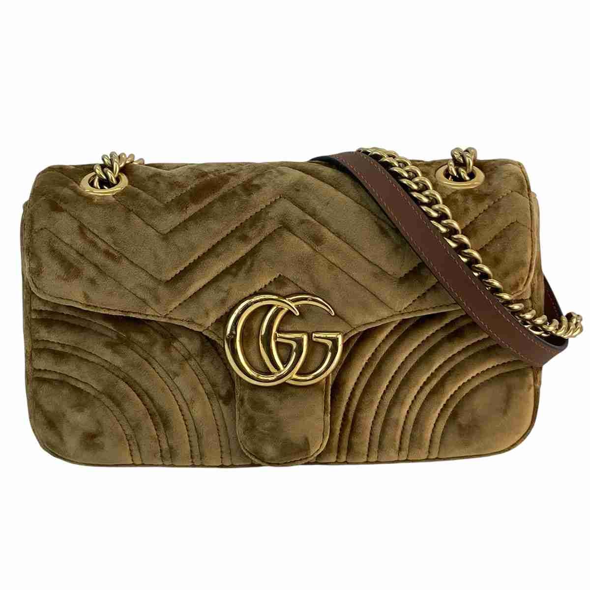 GUCCI グッチ GGマーモント キルティング スモール チェーン ショルダーバッグ ショルダーバッグ 443497 ベロア ブラウン ゴールド金具 レディース【中古】