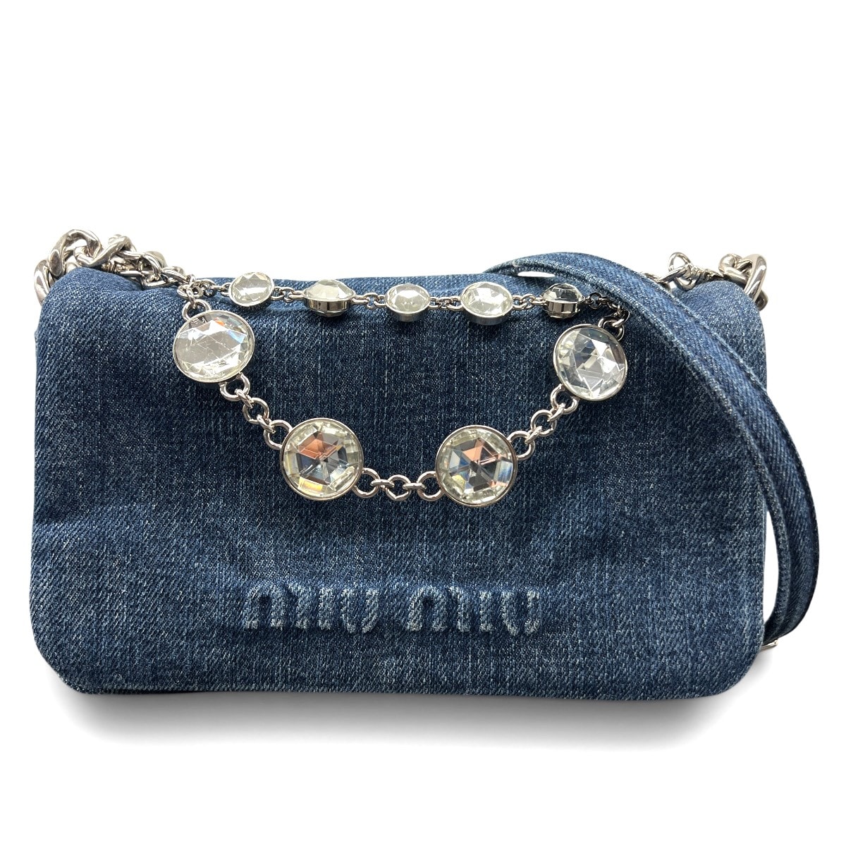 MIUMIU 希少 極美品 ミュウミュウ デニム クリスタル 2way ショルダーバッグ ハンドバッグ RFID確認済 ブルー ロゴ クロスボディ ポシェット ビジュー ラインストーン miumiu Aランク 中古 鑑定済 ミュウミュウバッグ
