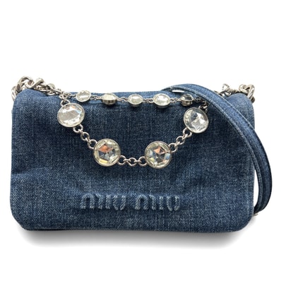 MIUMIU 希少 極美品 ミュウミュウ デニム クリスタル 2way ショルダーバッグ ハンドバッグ RFID確認済 ブルー ロゴ クロスボディ ポシェット ビジュー ラインストーン miumiu Aランク 中古 鑑定済 ミュウミュウバッグ