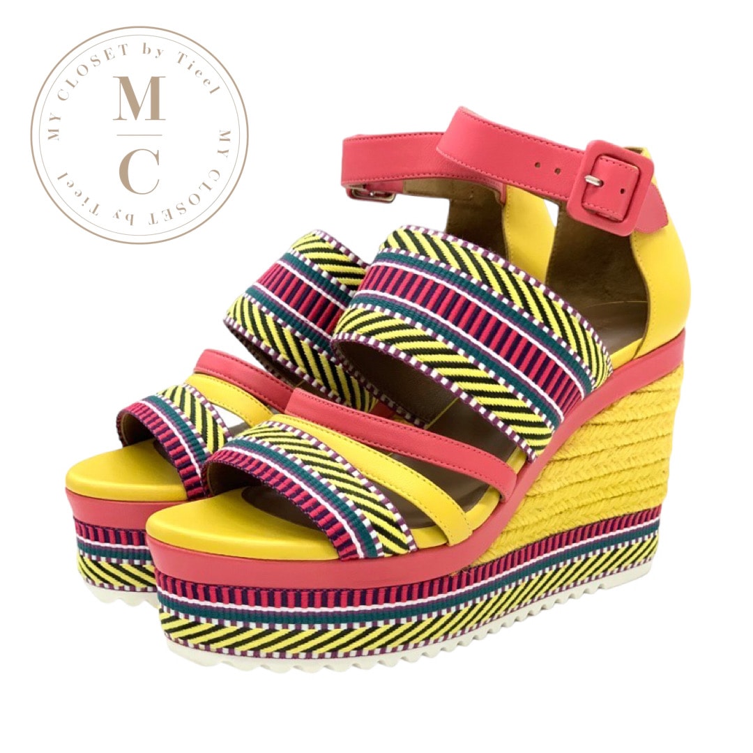 エルメス HERMES サンダル 靴 シューズ レザー イエロー ピンク マルチカラー 未使用 ウェッジソール