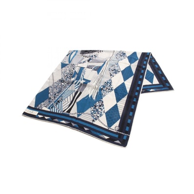 エルメス HERMES カレジェアン カレ140 PATCHWORK HORSE スカーフ 衣料品 シルク カシミヤ シルク レディース ネイビー系 / グレー系 【中古】