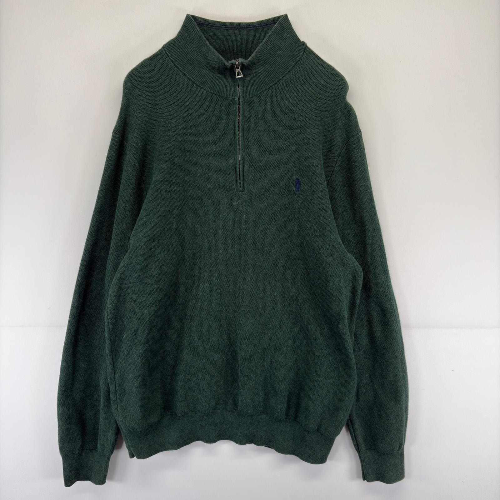 古着 ポロ・ラルフローレン POLO RALPH LAUREN ニット トレーナー ロゴ 刺繍 大きいサイズ セーター ハーフジップ 2XL  グリーン メンズ