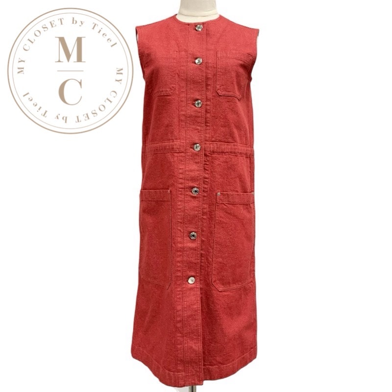 エルメス HERMES ワンピース コットン レッド シルバー 未使用 刺繍 デニム ノースリーブ