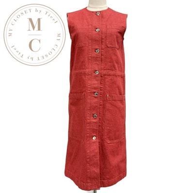 エルメス HERMES ワンピース コットン レッド シルバー 未使用 刺繍 デニム ノースリーブ