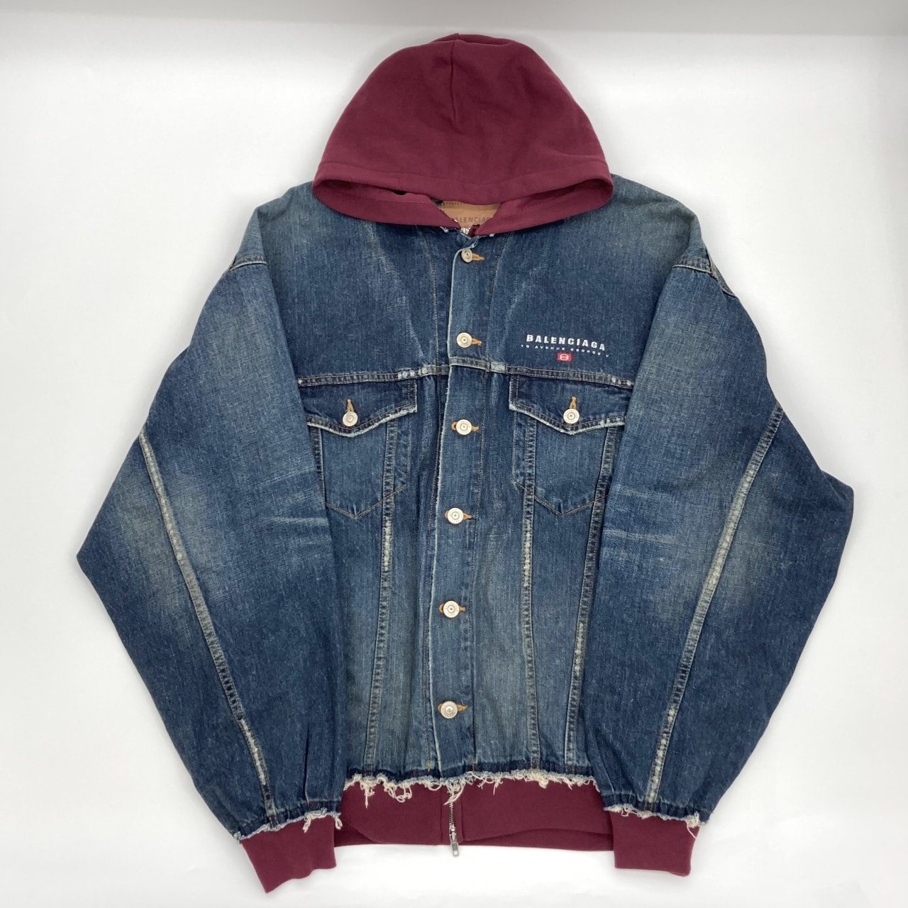 BALENCIAGA(バレンシアガ) 25SS PATCHED ドッキング加工 ジップアップ L 824304 デニムジャケット インディゴ×ボルドー