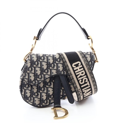 ディオール Dior サドルバッグ ミニ オブリークジャカード 2WAY ハンドバッグ バッグ キャンバス レザー レディース アイボリー系 / ネイビー系 【中古】