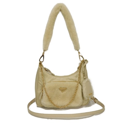 PRADA プラダ Re-Nylon シアリング ミニ バッグ ファー ベージュ 3WAY ショルダーバッグ RFID ICチップ トライアングルロゴ ナイロン デザート ハンドバッグ 1BC198 K4D F0F24