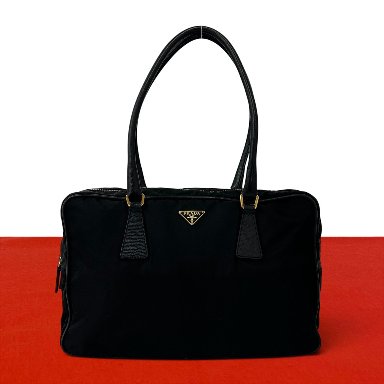 PRADA プラダ 三角 ロゴ 金具 ナイロン レザー トートバッグ ブラック
02914