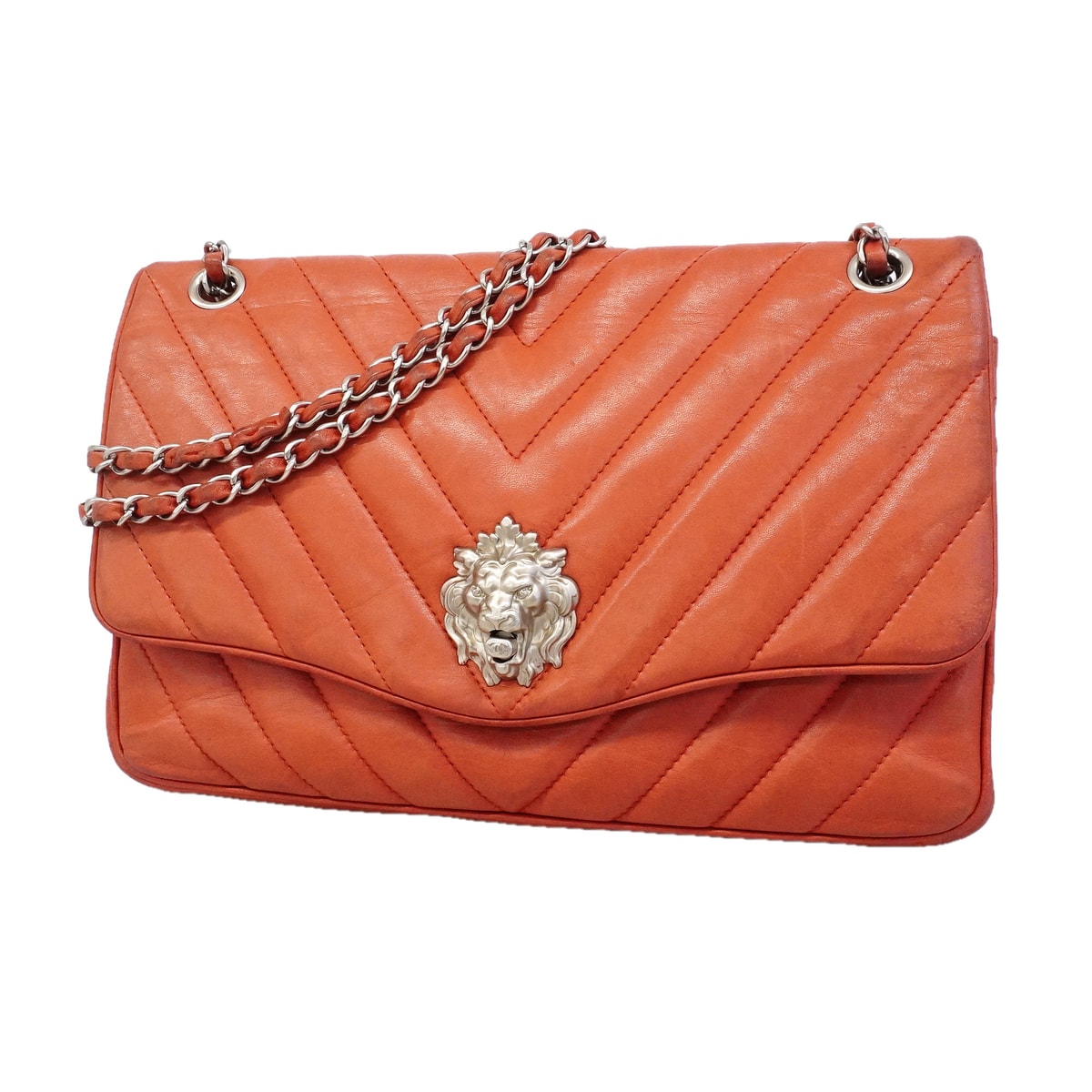 ★SALE【6kb1022】シャネル ショルダーバッグ Wチェーン シェブロンライオン ラムスキン レッド シルバー金具【中古】レディース