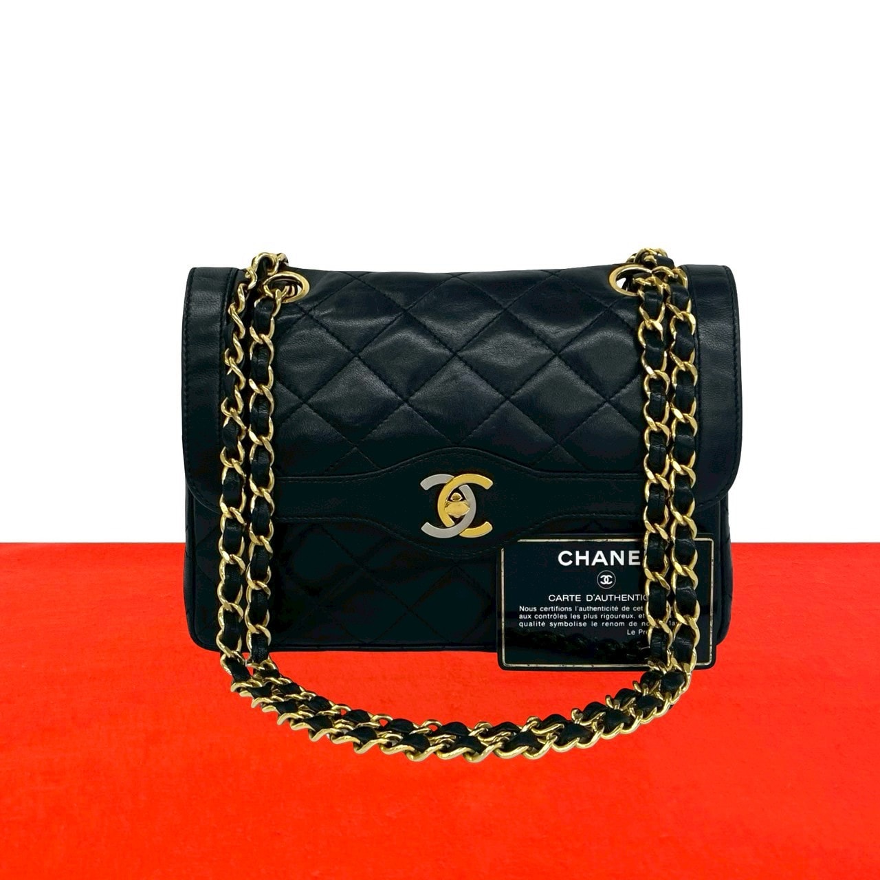CHANEL シャネル マトラッセ ココマーク ダブルフラップ ラムスキン ショルダーバッグ ブラック
 713-2