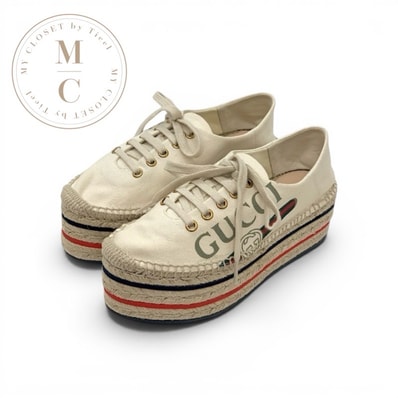 グッチ GUCCI スニーカー 靴 シューズ キャンバス アイボリー レッド ブルー 未使用 ロゴ エスパドリーユ プラットフォーム 厚底