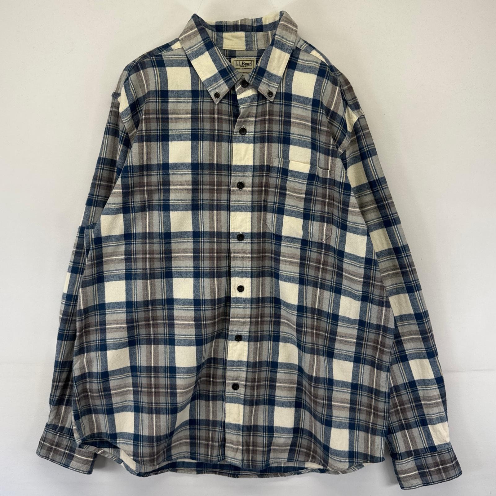 古着 エルエルビーン L.L.Bean 長袖シャツ ボタンダウン ネルシャツ ブルー 胸ポケット L  ホワイト系 チェック メンズ