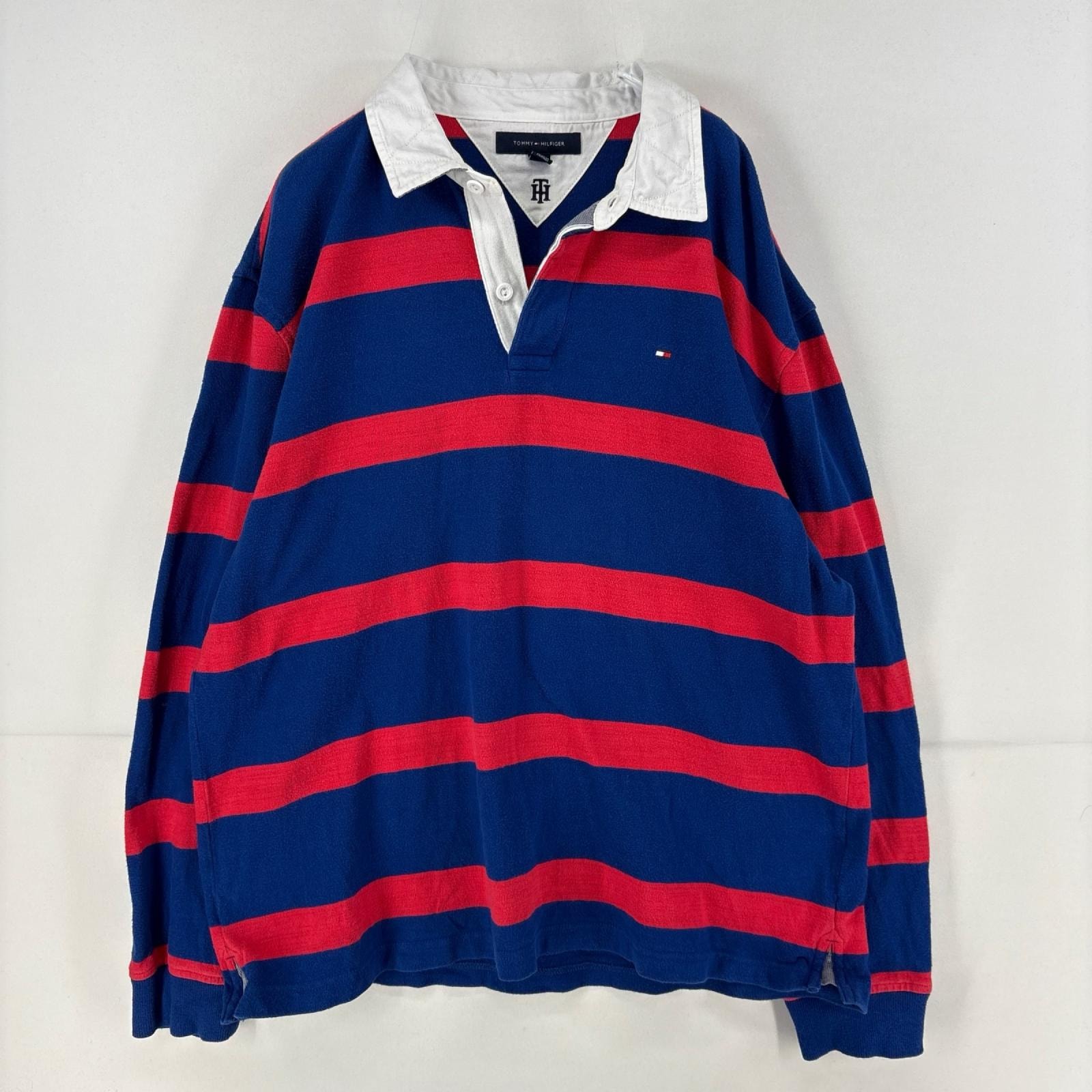 古着 トミーヒルフィガー TOMMY HILFIGER 長袖シャツ ロゴ 刺繍 ラガーシャツ レッド XL  ブルー ボーダー メンズ