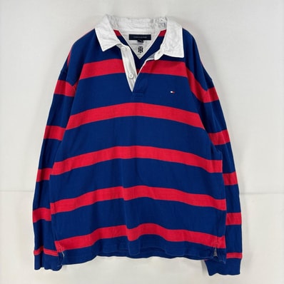 古着 トミーヒルフィガー TOMMY HILFIGER 長袖シャツ ロゴ 刺繍 ラガーシャツ レッド XL ブルー ボーダー メンズ