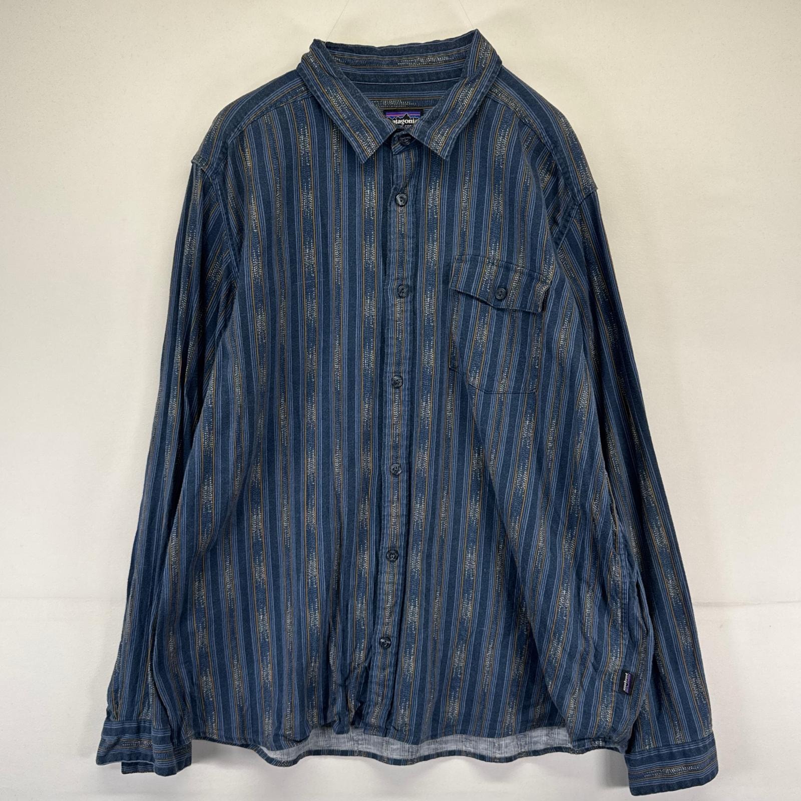 古着 パタゴニア patagonia 長袖シャツ ネルシャツ 胸ポケット アウトドア 2XL  ブルー系 ストライプ メンズ