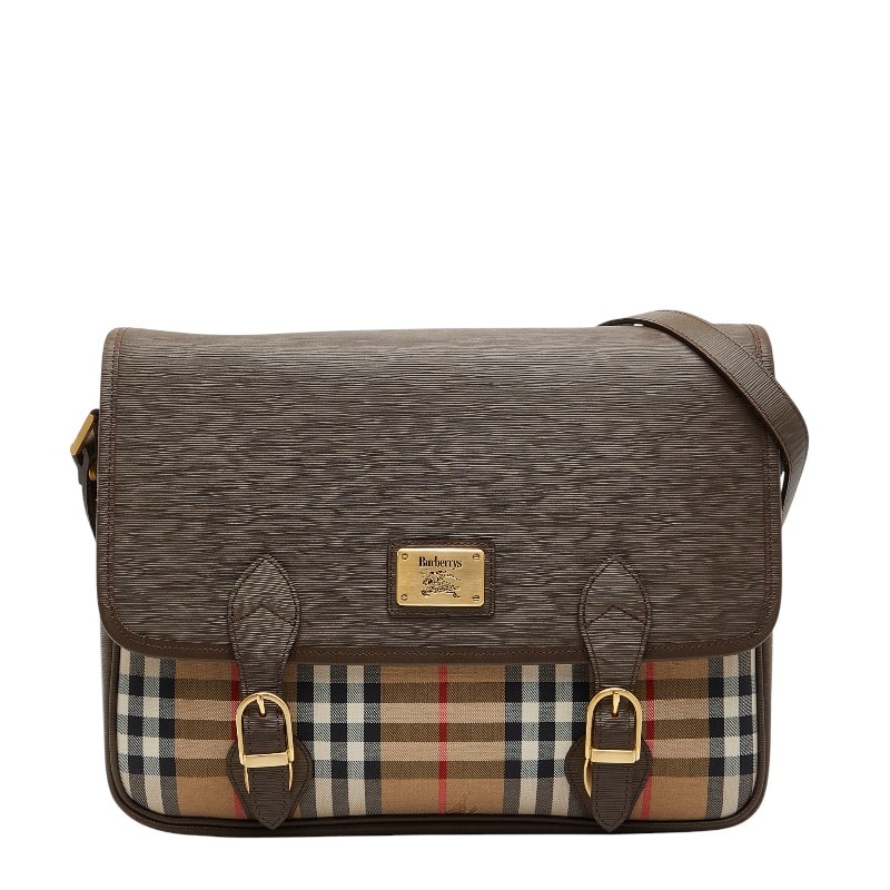 バーバリー ノバチェック シャドーホース ショルダーバッグ ブラウン ベージュ キャンバス レザー レディース BURBERRY 中古