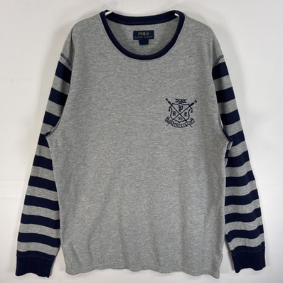 古着 ポロ・ラルフローレン POLO RALPH LAUREN 長袖Tシャツ ワンポイント ロゴ 刺繍 ワッフル SLEEP WEAR L グレー系 ボーダー メンズ