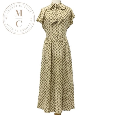 セリーヌ CELINE ワンピース シルク ベージュ ブラウン ボウタイ トリオンフ ドレス エディ期