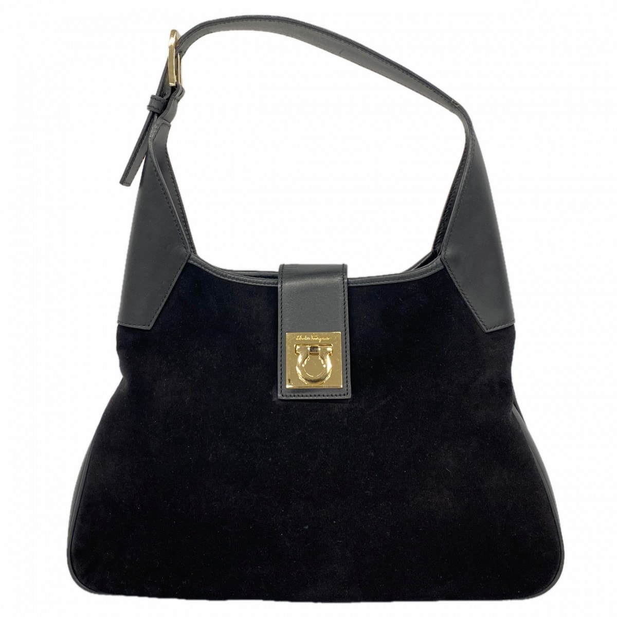 ★最終価格【6cd5055】サルヴァトーレフェラガモ ショルダーバッグ ガンチーニ スウェード レザー ブラック シャンパンゴールド金具【中古】レディース
