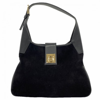 ★最終価格【6cd5055】サルヴァトーレフェラガモ ショルダーバッグ ガンチーニ スウェード レザー ブラック シャンパンゴールド金具【中古】レディース