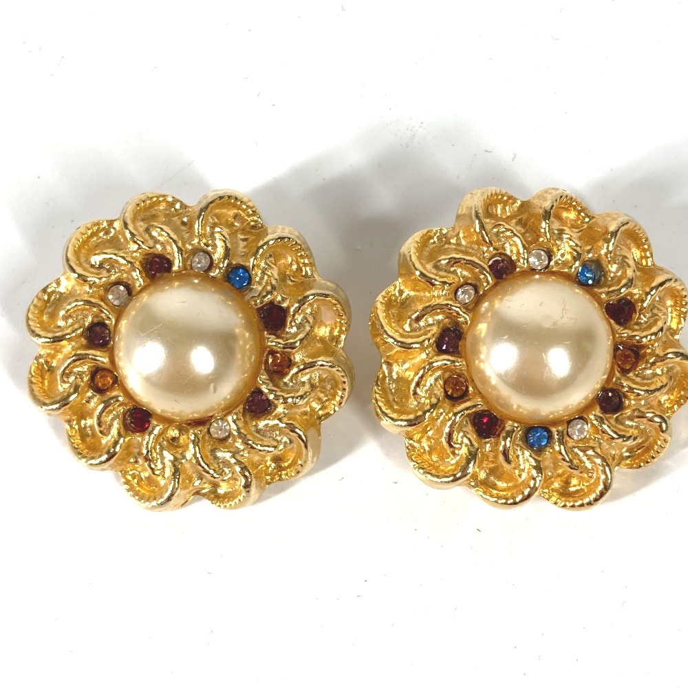 シャネル CHANEL フラワー ラインストーン フェイクパール ヴィンテージ アクセサリー ビジュー ピアス メタル ゴールド