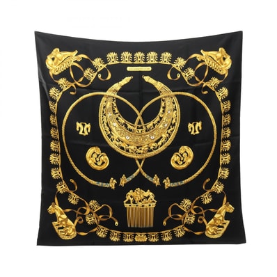 エルメス HERMES カレ90 LES CAVALIERS D'OR スカーフ 衣料品 シルク シルク レディース ブラック系 / イエロー系 【中古】