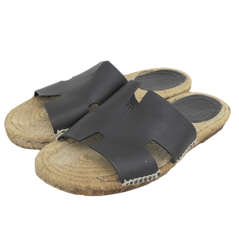 エルメス レザー エスパドリーユ アンティグア サンダル メンズ ブラック 実寸約26.0cm相当