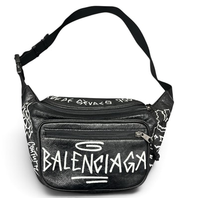 BALENCIAGA 美品 バレンシアガ グラフィティ エクスプローラー ベルトバッグ ボディバッグ ショルダーバッグ 529550 レザー ブラック ホワイト ロゴ Y2K ユニセックス ABランク 中古 鑑定済 バレンシアガバッグ
