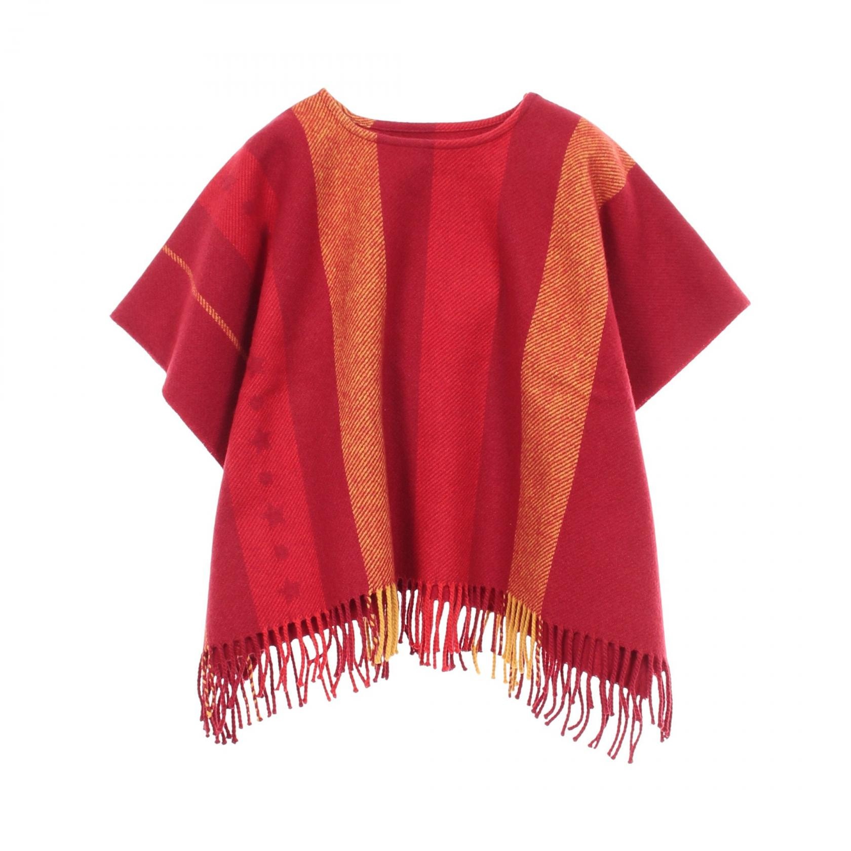 エルメス HERMES キッズ セリエボタン フリンジ ポンチョ 衣料品 アウター ウール カシミヤ メンズ レディース レッド系 / イエロー系 【中古】